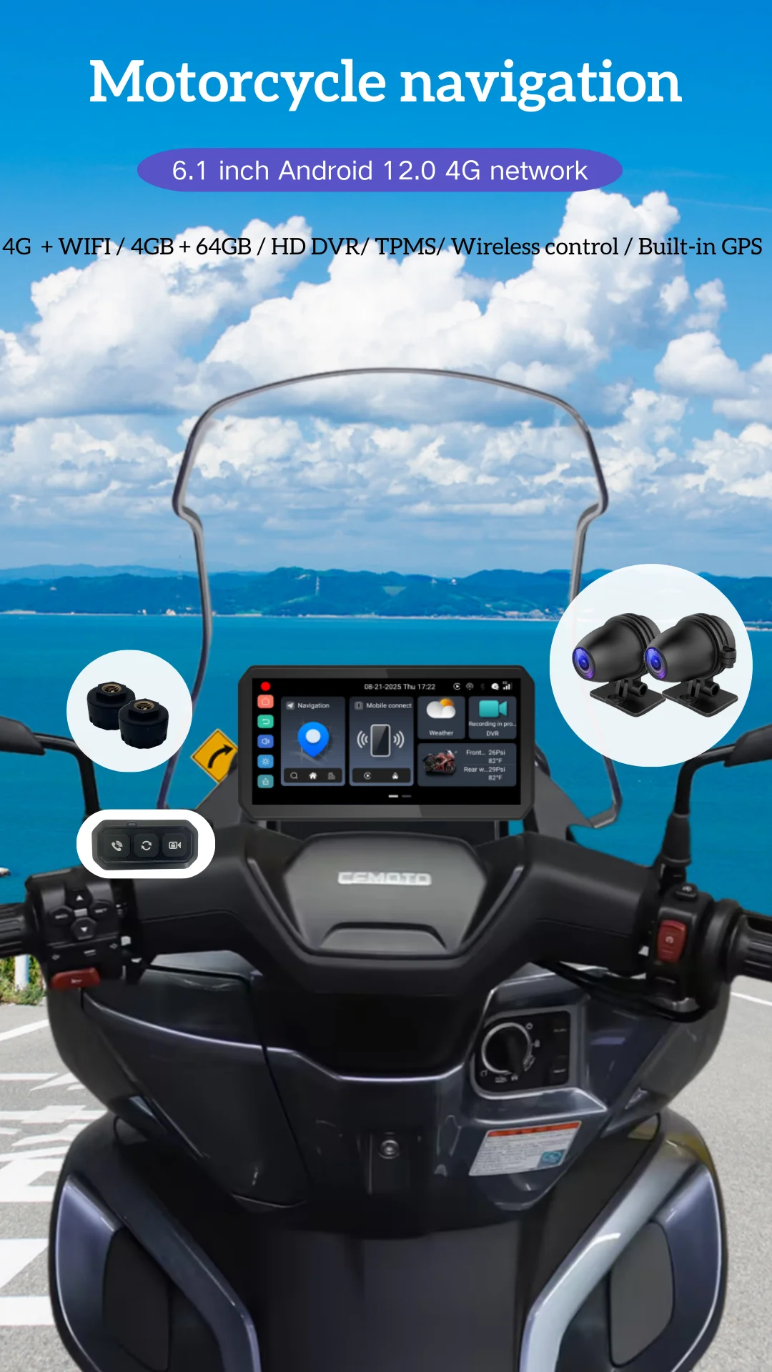 4G 안드로이드 OS 휴대용 6.1인치 오토바이 GPS 네비게이션 무선 오토바이 카플레이 안드로이드 오토 오토바이 카플레이 TMPS