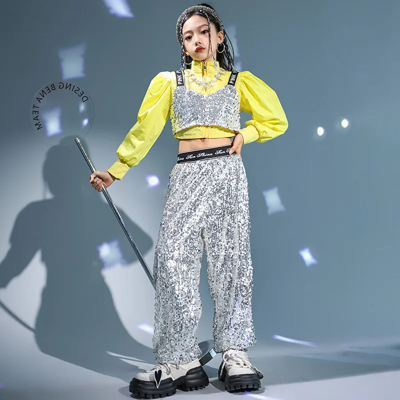 

Танцевальные костюмы Kpop в стиле хип-хоп для детей, жилет с блестками, брюки, желтый топ, комплект для девочек, одежда для джазовых представлений, искусственная кожа, уличная одежда