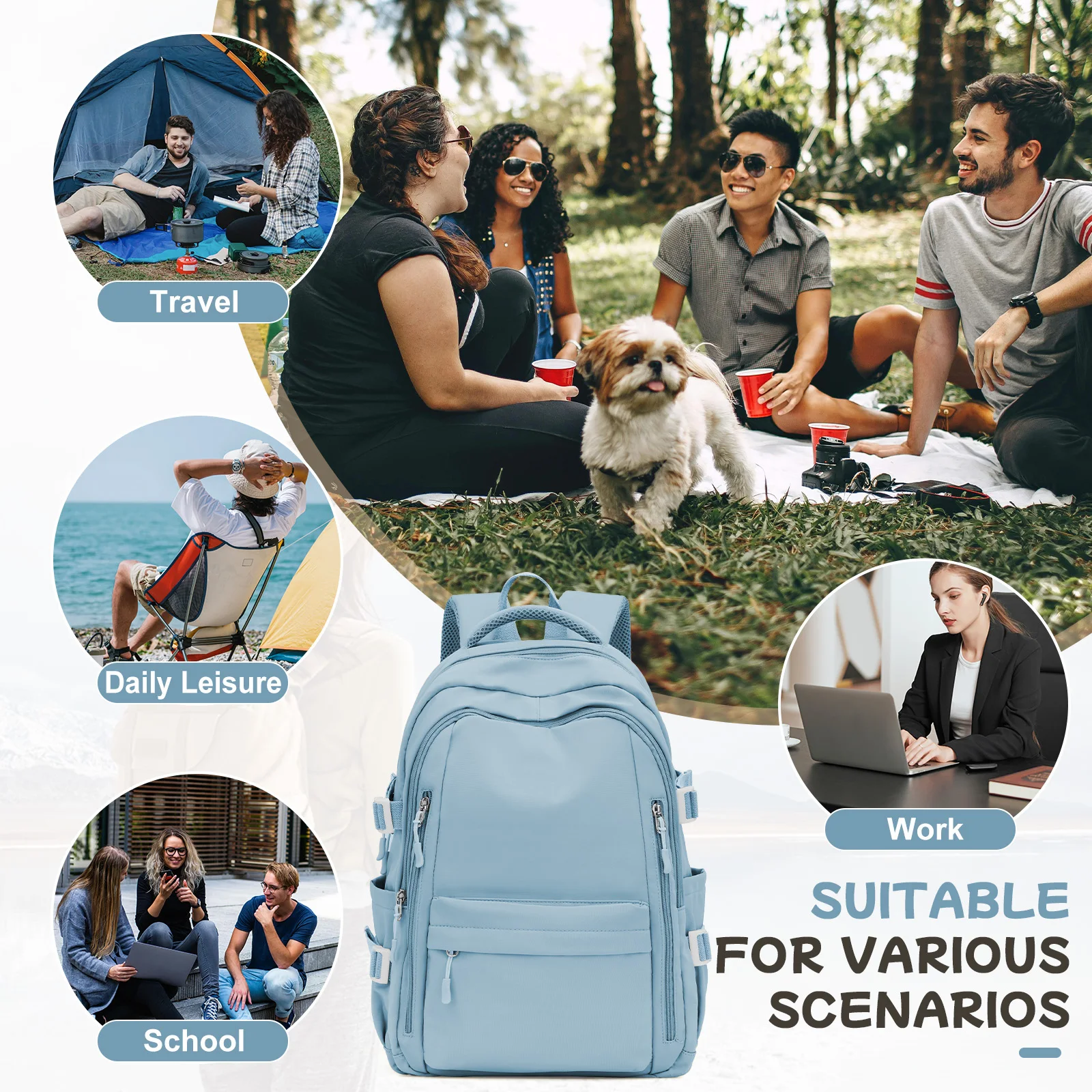 Anti-Theft Casual Travel Backpack for Women，Multi-Pocket Design in Light Blue Durable for School，High School and College Bookbag