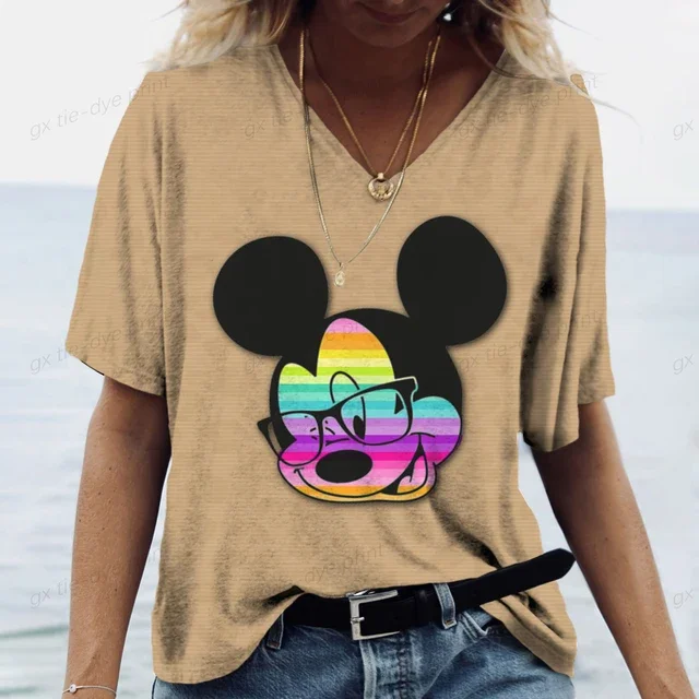 Camisetas de manga corta con cuello en V y estampado 3D de Mickey Mouse de Disney, camisetas de gran tamaño para mujer, camisetas de moda para mujer, camisetas de verano Y2k para mujer