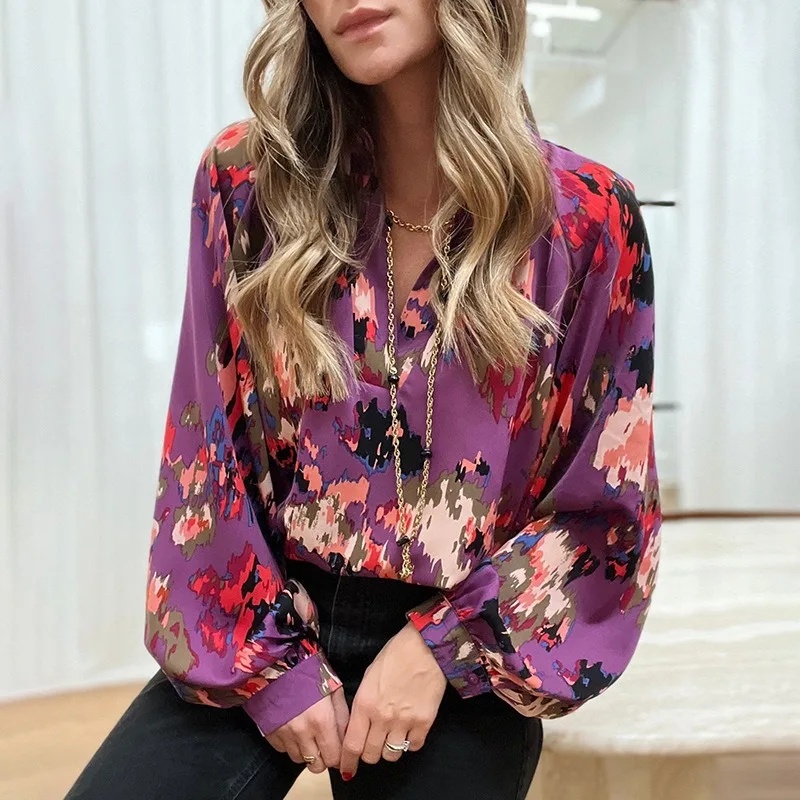 

Chiffon Shirt Women's Spring and Summer New Elegant Printing V Neck Loose Lantern Long Sleeve Tops