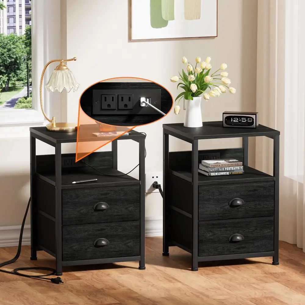 Set of 2 Nightstands with Charging Station USB Ports AC Outlets Fabric Drawers Small End Table Bedroom Living Room 2