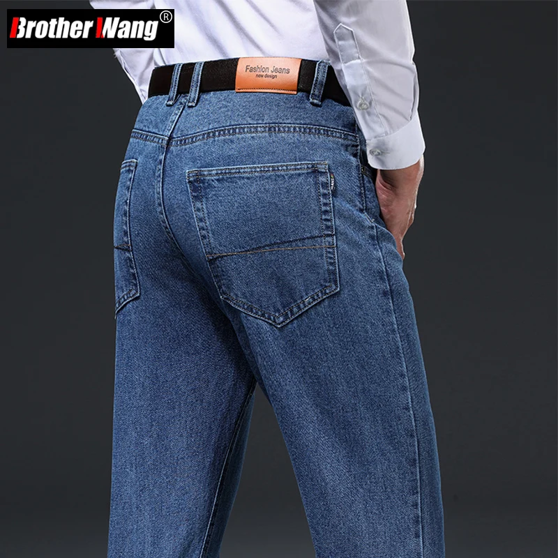 

Cotton Men's Autumn Non-stretch Jeans Loose Straight High Waisted Pants Classic Style Blue Business Denim Trousers Male