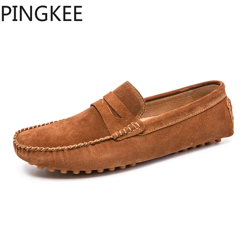 

PINGKEE Classic Moc Round Toe Slip On Loafers Hand Sewn Leather Uppers 360º Lacing System Rubber Outsole Men Boat Driving Shoes