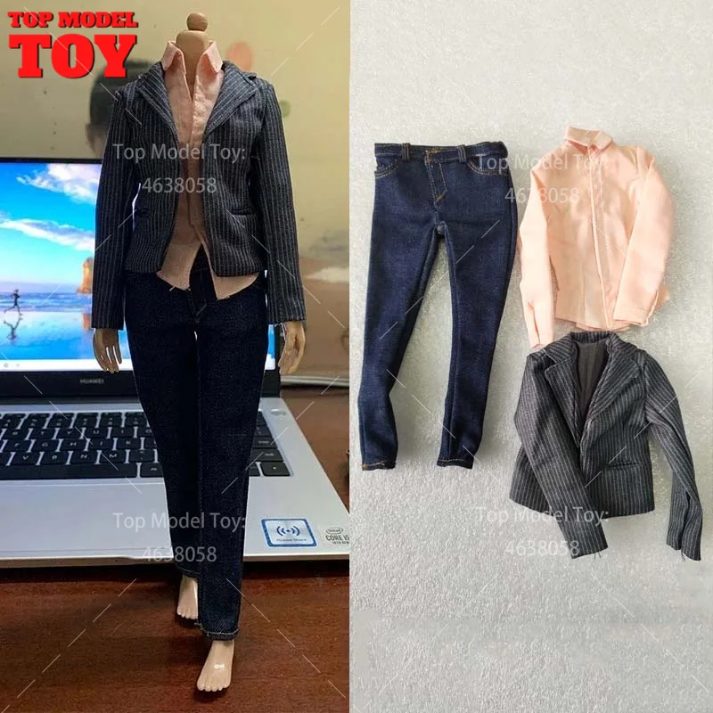 

1/6 Scale Female Suit Pink Shirt Jeans Three-piece OL Cowboy Women Suit Model Fit 12" HT Soldier Action Figure Body Dolls