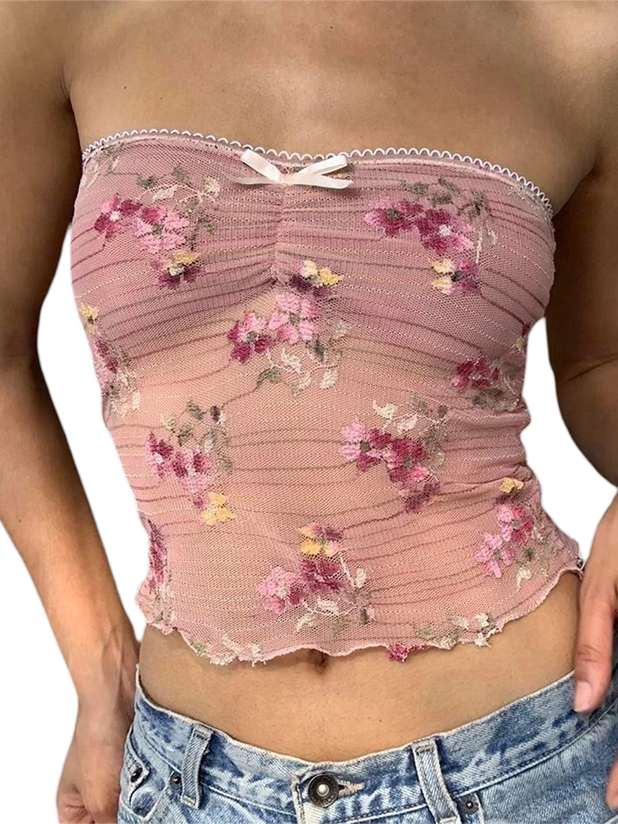 

Ynocfri Women Tube Tops Y2k Strapless Floral Sleeveless Backless Slim Fit Crop Tops Cute Bandeau Going Out