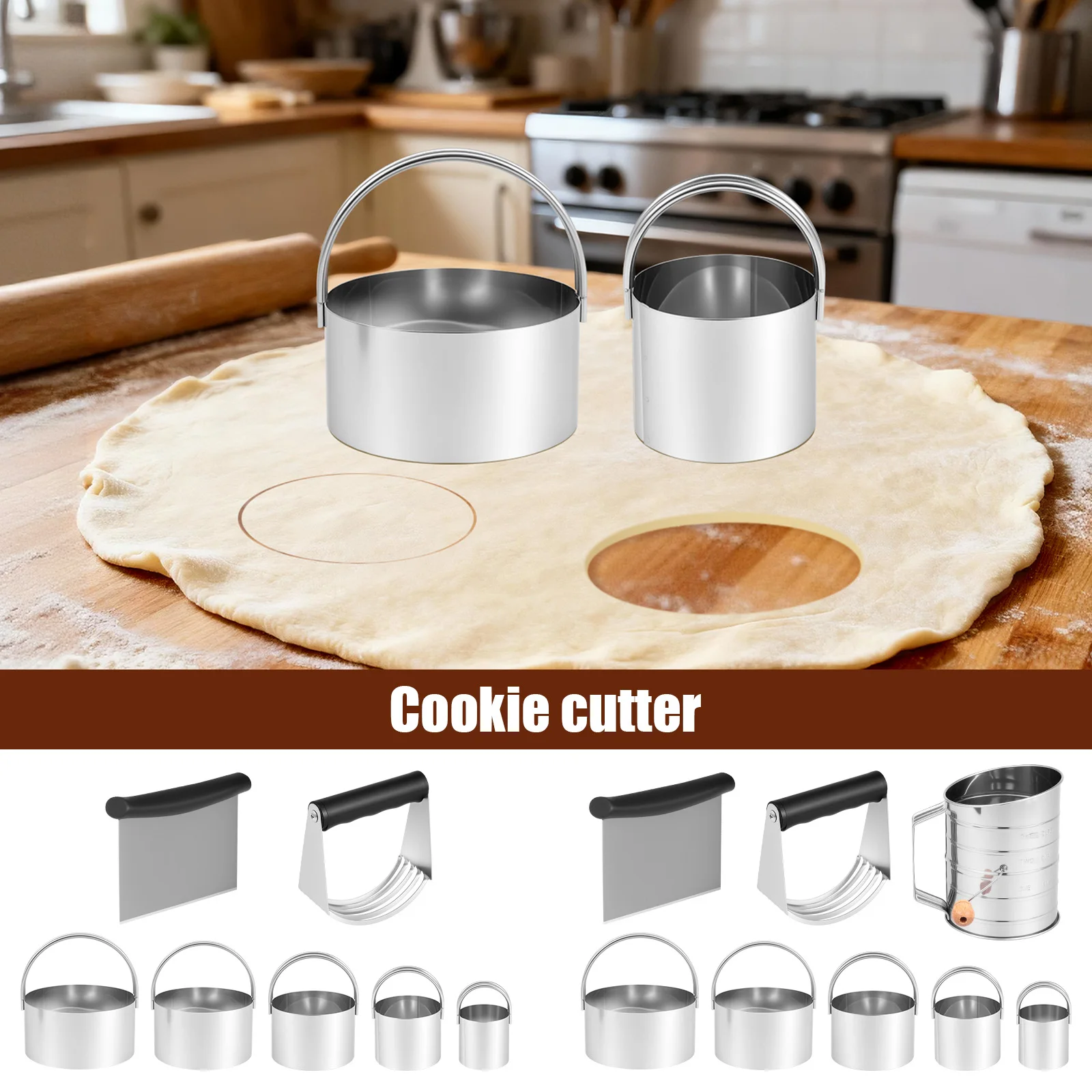 1 Set Circle Biscuit Cutter Set Stainless Steel Flour Sifter Dough Blender and Cookies Cutter Mold Kits with Handle for Biscuits