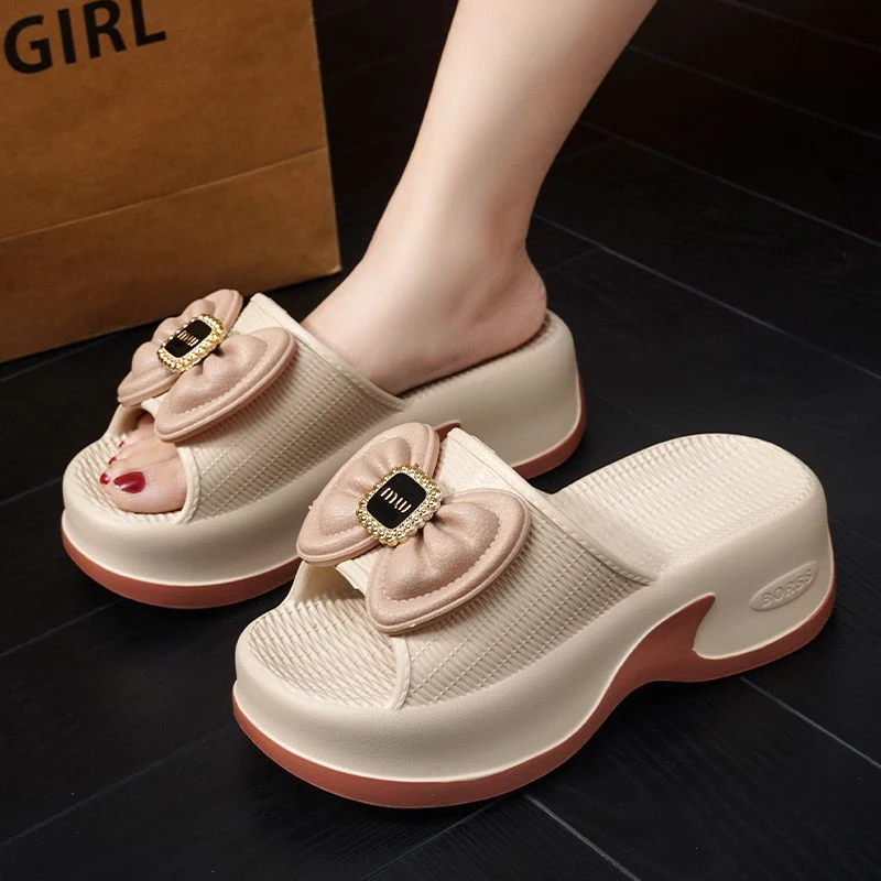 Women Summer EVA Flip Flops Thick Soled Elevated Bow Slippers