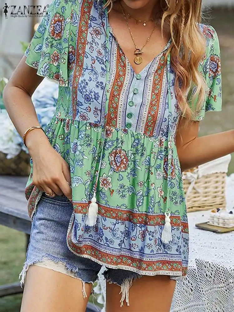 Blusa de manga corta con flores para camisa con cuello de pico para Tops de playa, Blusas informales con borlas| | - AliExpress