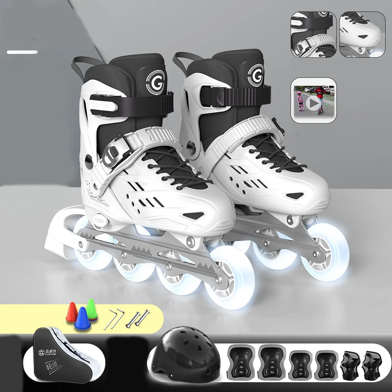 Inline Roller Skates Adjustable Skate Shoes With Helmet, Elbow And Knee Pads Shoe Bag Set For Boys Girls Flash 4 Wheels Sneakers