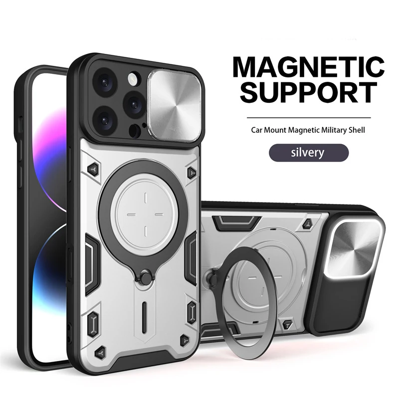 Ultimate Shockproof Armor Phone Case with Slide Lens Protector and Ring Holder Back Cover