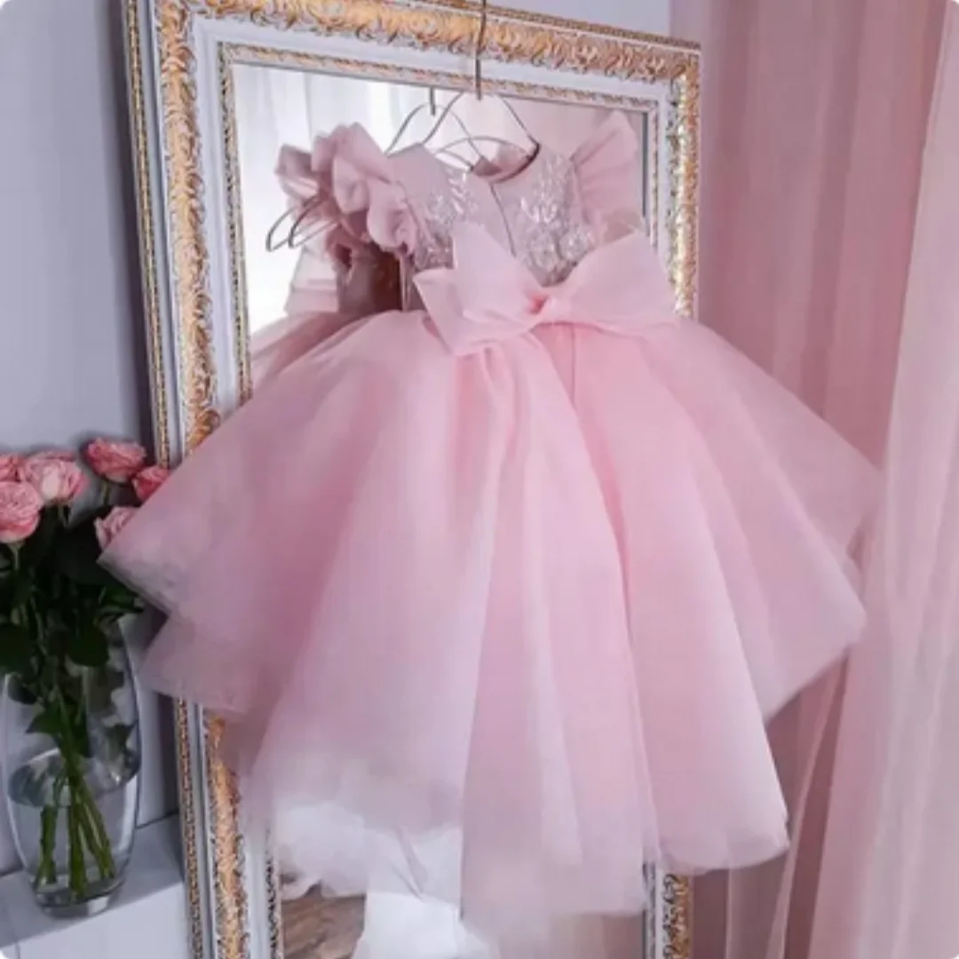 Flower Girls Dresses Bow Appliques Backless Lace Fluffy round neck with Long Sleeves Beautiful Bridesmaid Birthday