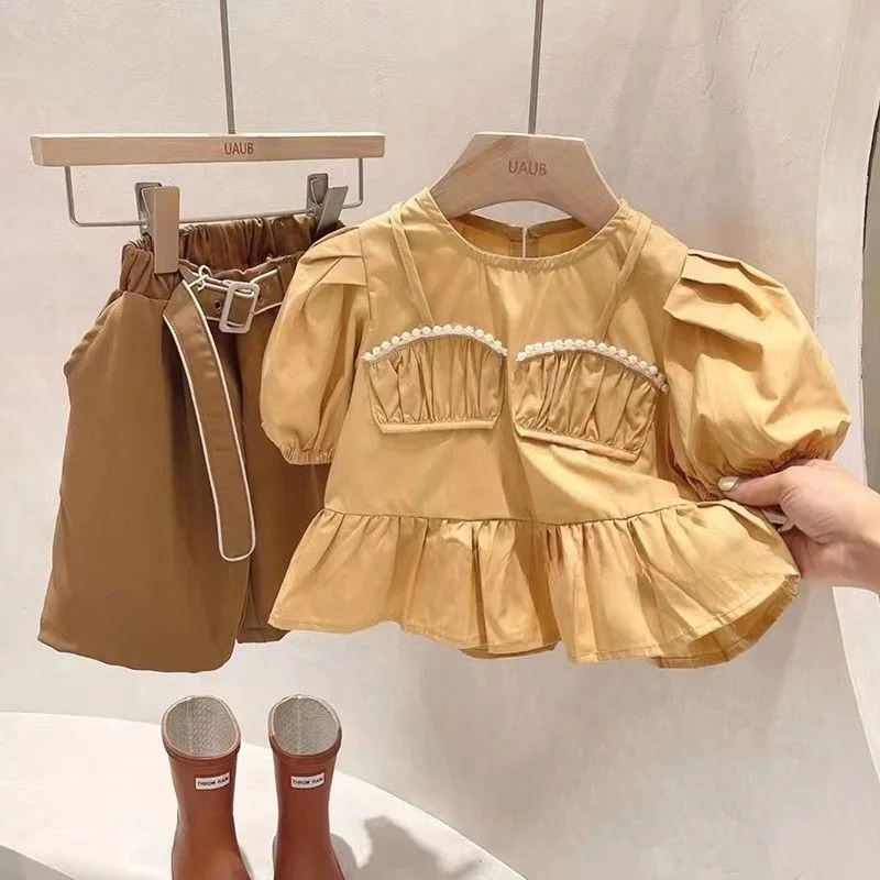 

New Children's Clothing Summer Suit Puff Sleeve Children Sweet Western Style Ruffle Top2024Two-Piece Set-WSNY