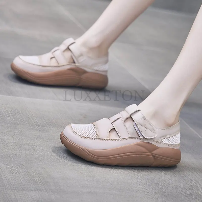 Women Sandals Women Loafers Shoes Breathable Summer Women Sandals Genuine Leather Beach Shoes Cut-Outs Flats Casual Loafers