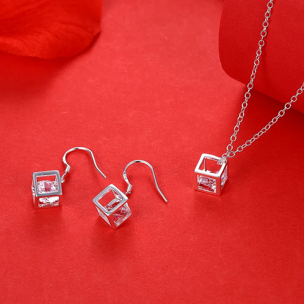 925 sterling silver Fine crystal lattice Pendant necklace earrings Jewelry set for woman