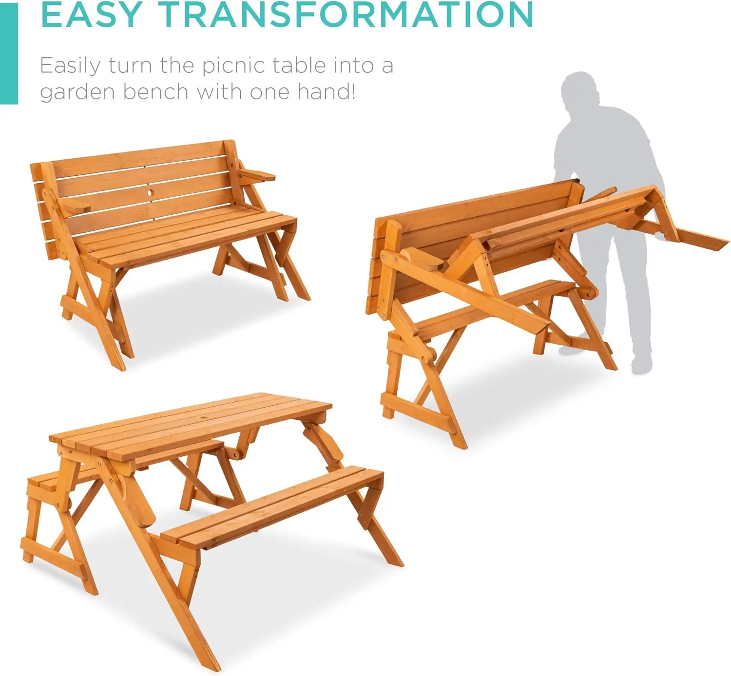 2-in-1 Convertible Wooden Picnic Table & Garden Bench 2