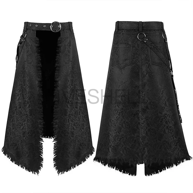 thumbnail image 1 of Falda plisada punk para cosplay, cinturón de cuero gótico para hombre, falda escocesa de guerrero romano medieval, falda de metal asimétrica, disfraz de Halloween negro, 1 of 5