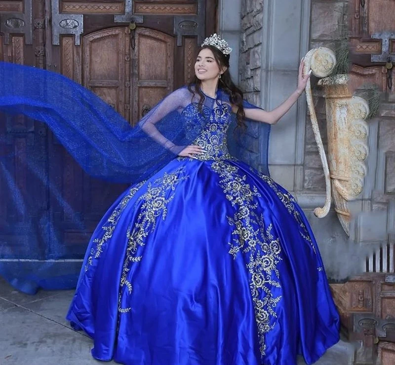 

Loves Royal Blue Quinceanera Dress 2024 Gold Lace Appliques Crystal With Cap Princess Sweet 16 Vestidos De XV Anos 15thBirthday
