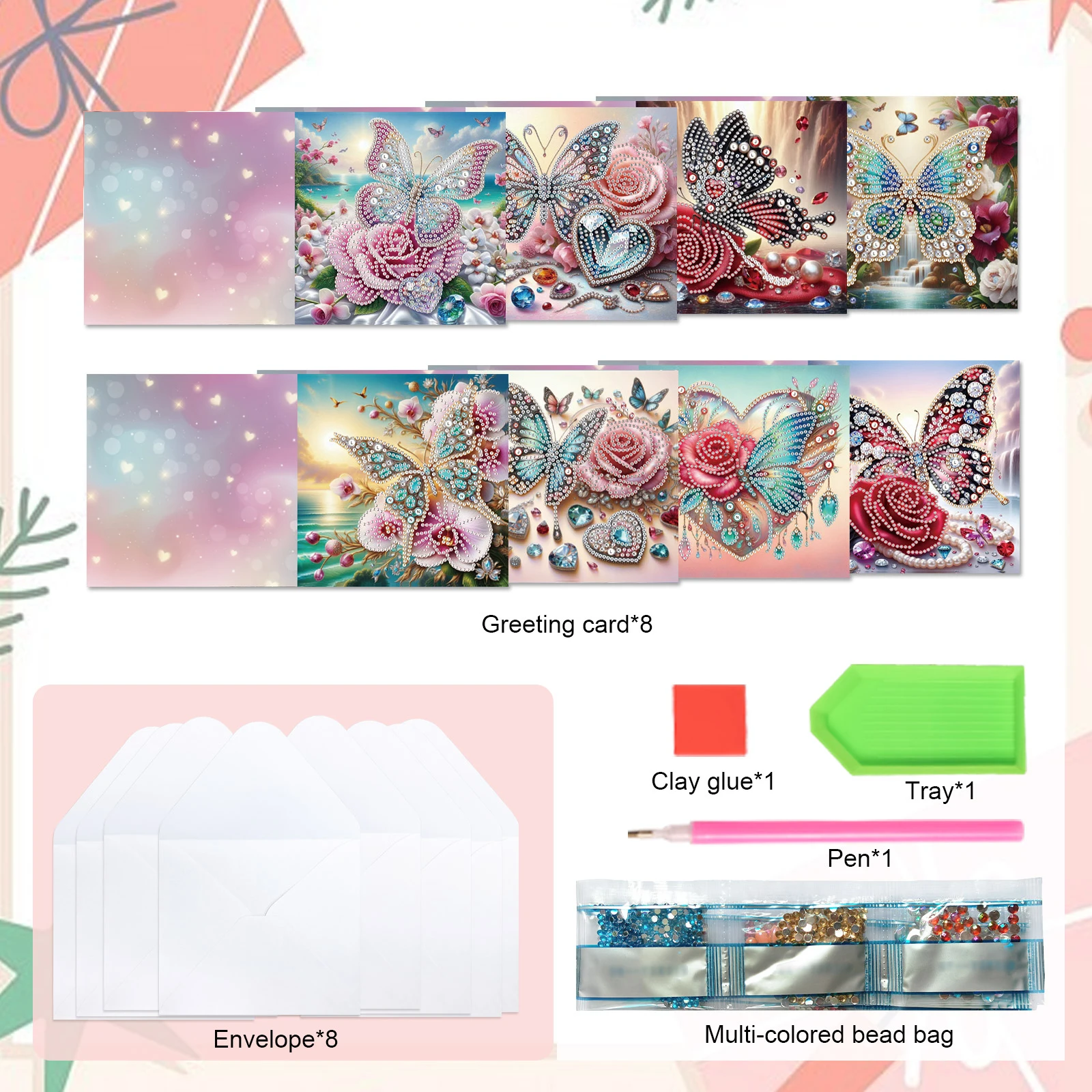 Flower Butterfly Diamond Art Painting Greeting Card 5D DIY Special Shape 8pcs Christmas Birthday