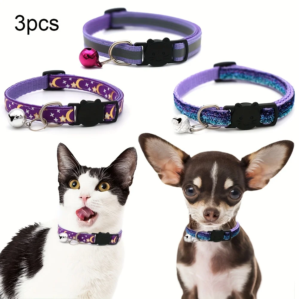 Verstellbare, reflektierende 3er-Pack Katzenhalsbänder – Stern- und Mondmuster mit Glocken und Sicherheits-Entriegelungsschnalle – Detail 5