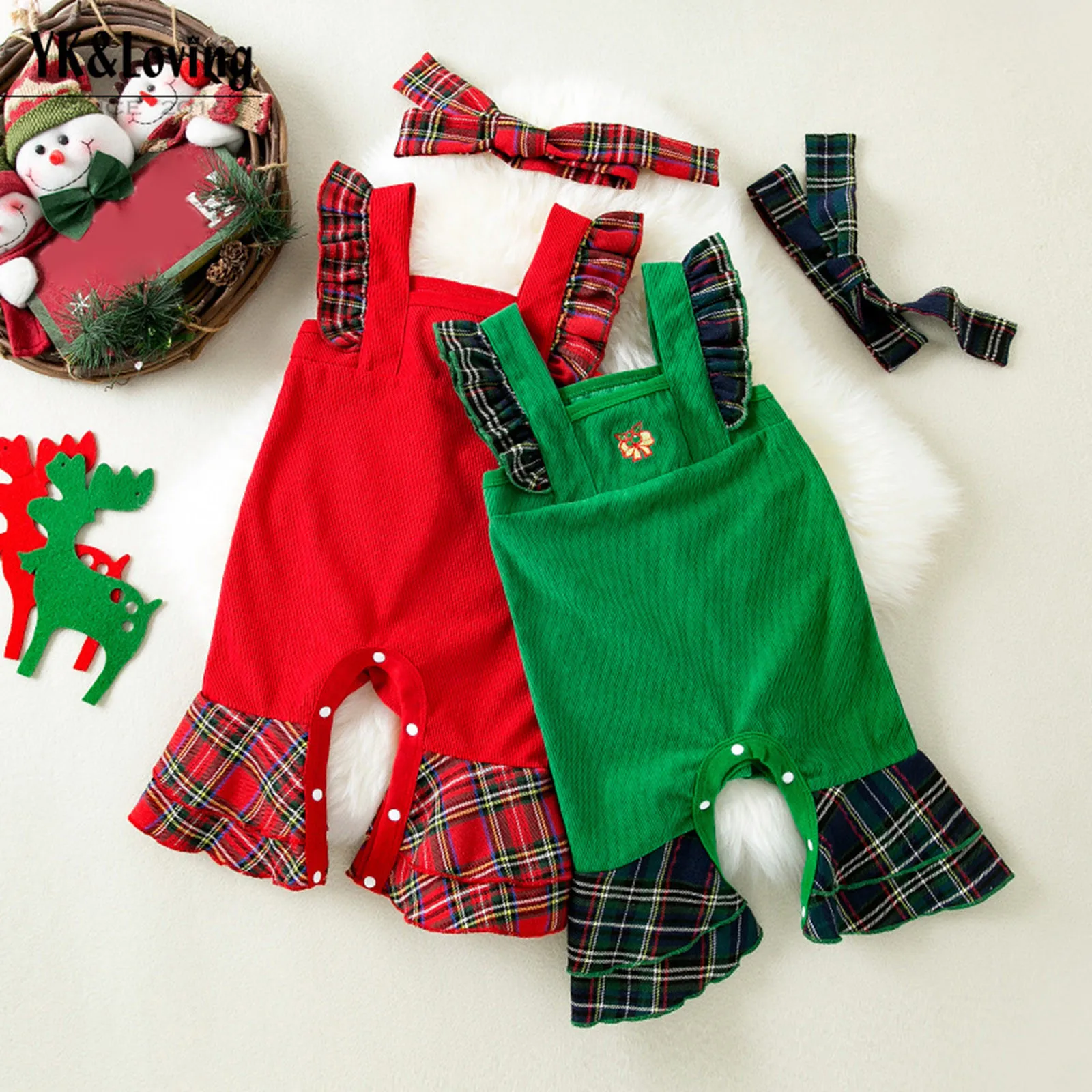 

Christmas Toddler Baby Girls Romper Sleeveless Plaid Print Ruffles Suspender Jumpsuit+Headbands Kids Outfits Xmas Girl Clothes