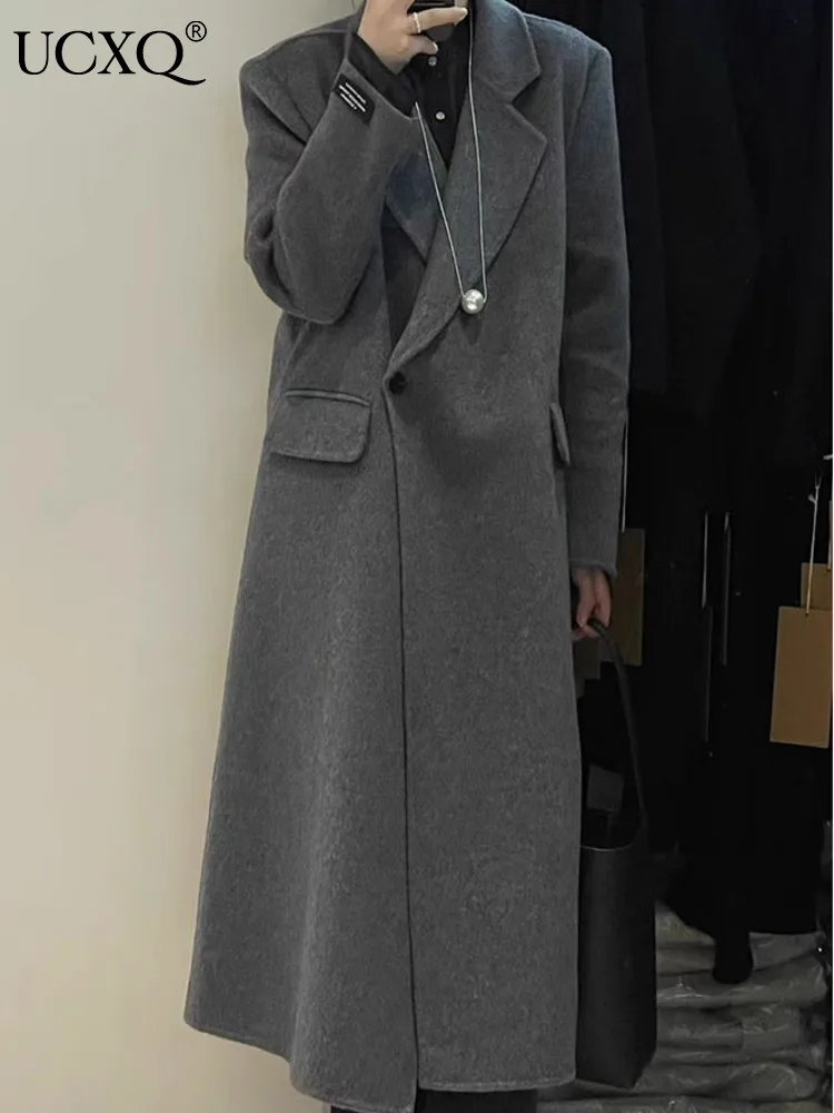 

UCXQ Temperament Notched Collar Single Button Design Blazer Woolen Overcoat For Women 2023 Autumn New High End Coats 23A3336