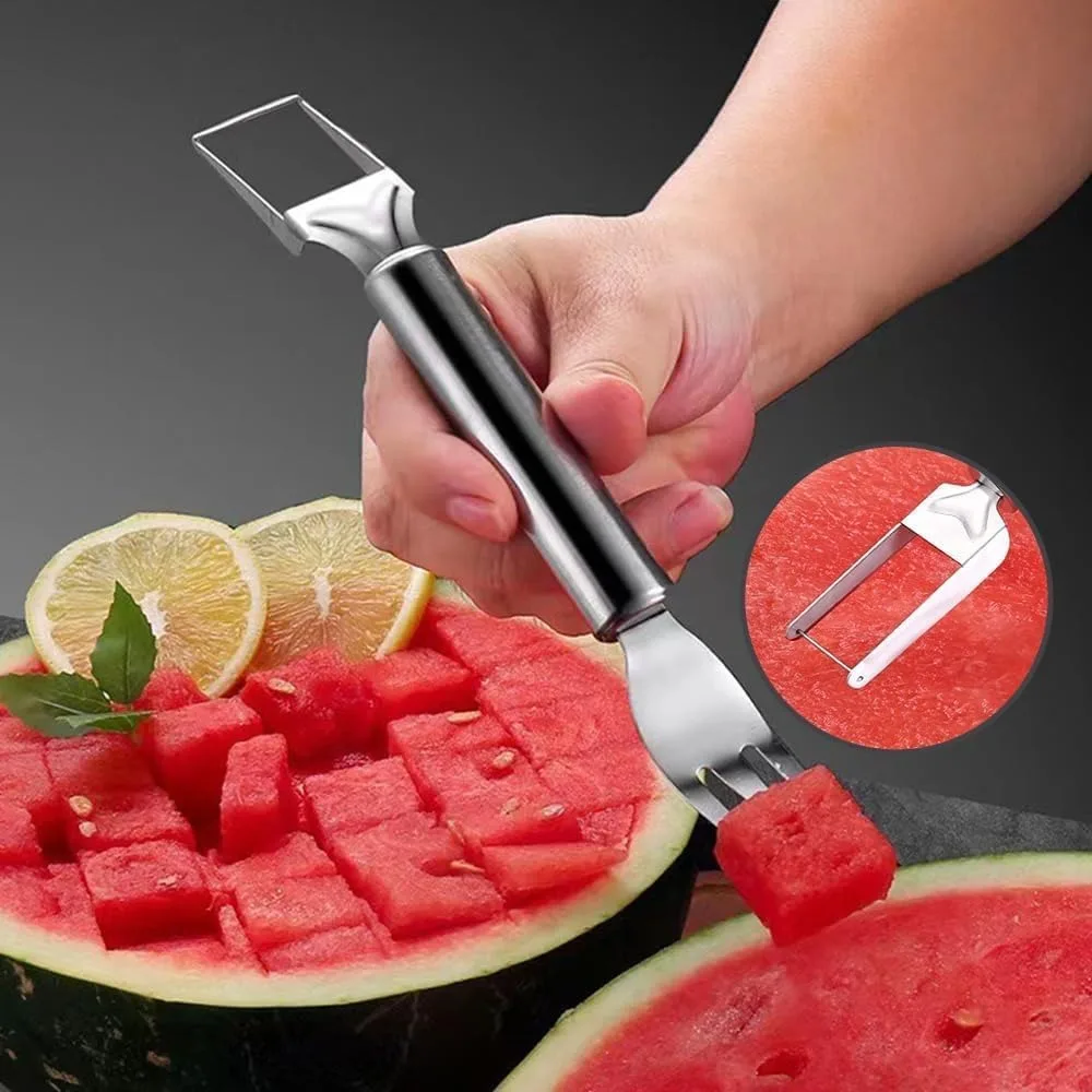 2-in-1 Stainless Steel Fruit, Portable Watermelon Fork Watermelon Cutter Slicer Tool Fruit Forks for Home Camping Kitchen (2PCS)