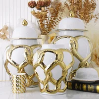 Ceramic Checkmate Jar Porcelain Craftwork Ginger Jar Flower Vase Gold Cross Cord Ceramic Storage Tank Home Decoration 1