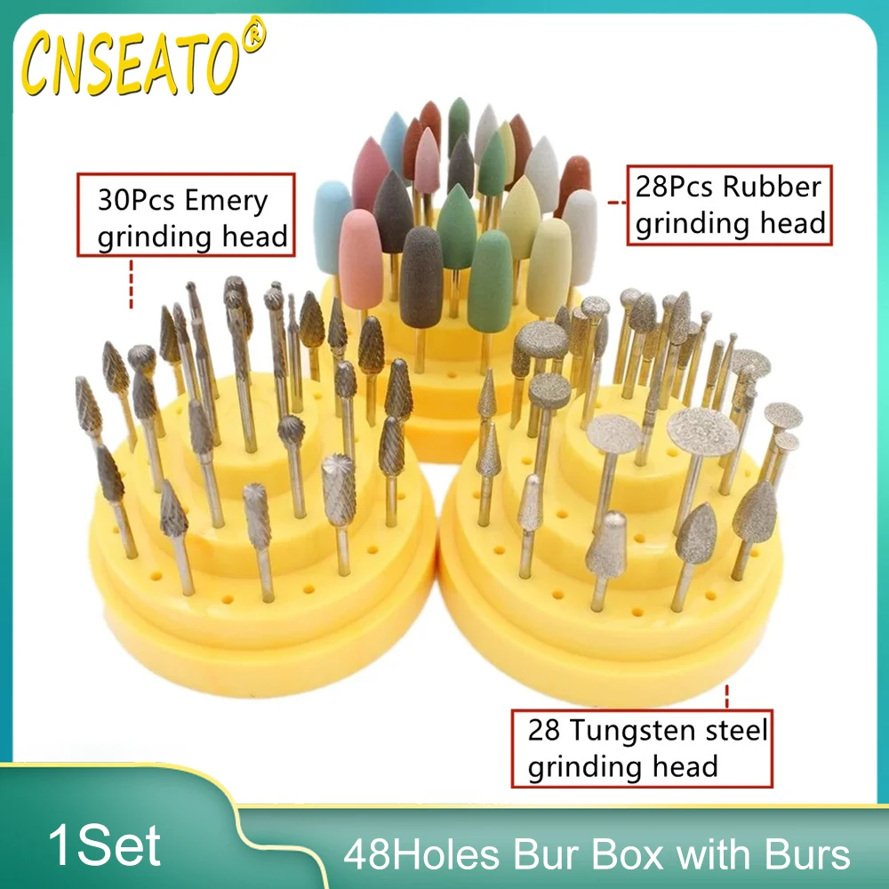 

48Holes Dental Bur Box Holder Included Rubber Polish Tungsten Steel Drill Emery Grinding Head Dentistry Round Plastic Storage