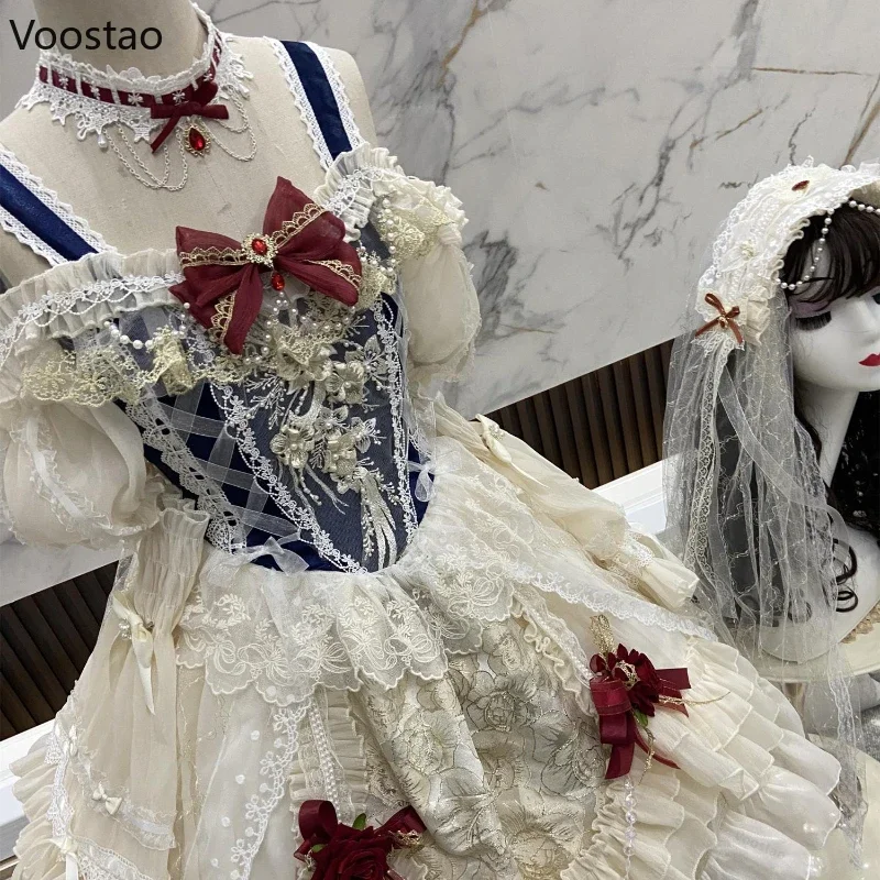 Lolita Dress Japanese Sweet Lolita Princess Dress Women Elegant Vintage Bow Off Shoulder Lace Mesh Pearl Evening Party Dresses Lolita Clothes