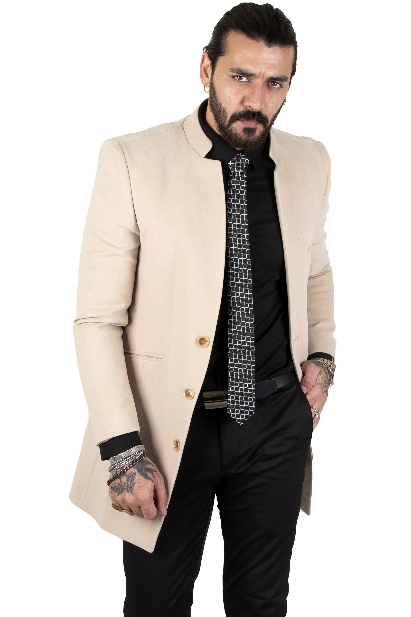 DeepSEA Three Pockets Crew Neck Sheer Collar Italian Cut Male Stamp Coat 2302189