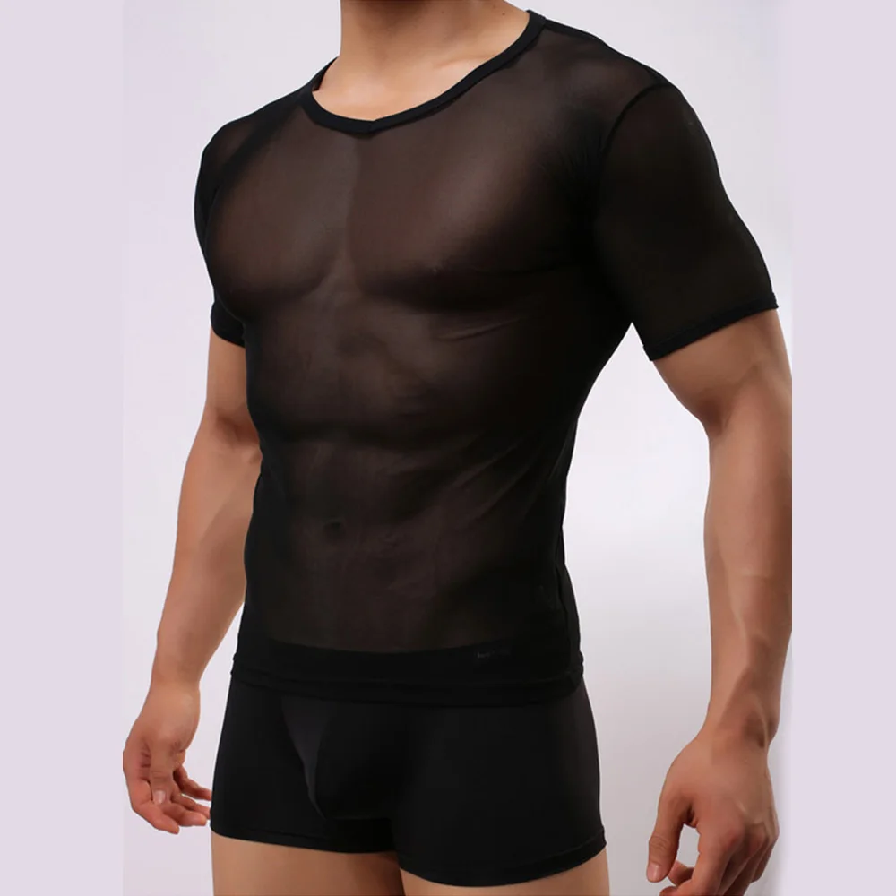 Men Mesh T Shirt Sexy Short Sleeve Muscle Undershirts Summer Ultra-thin Transparenr See Through Tee Shirt O-Neck Slim men mesh t shirt men underwear