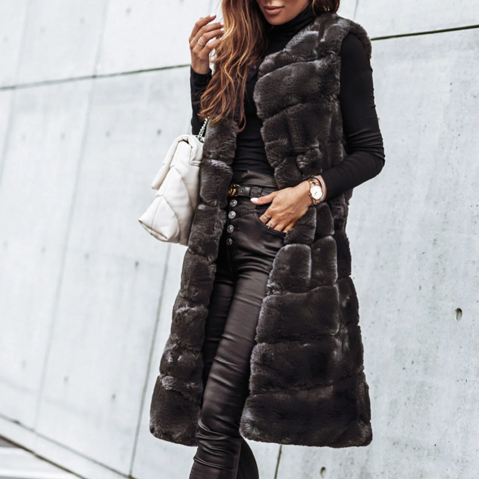 

New Women Vest Coat Autumn Winter Long Style Plush Vest Plush Sleeveless Coat Lady Gilet Plush Warm Sleeveless Long Vest Coat