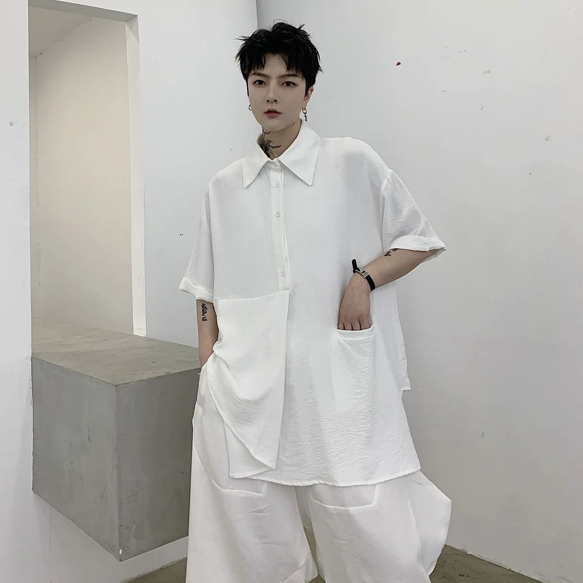 

Men's Thin Casual Half Sleeve Shirt Large Summer Cool Style Irregular Loose Youth Handsome Solid Color Short Sleeve Shirt