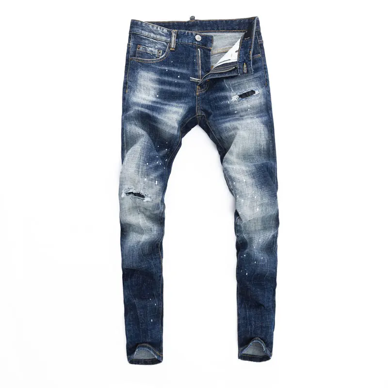 High Street Fashion Men Jeans Retro Blue Stretch Slim Fit Elastic Ripped Jeans Men Embroidery Designer Hip Hop Brand Pants Homme