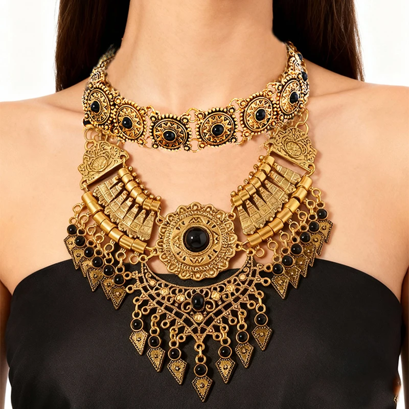 Layered Bohemian Statement Necklace Women's Fashion Retro Teardrop Tassel Collar Jewelry for Casual Matching & Party Styling 3