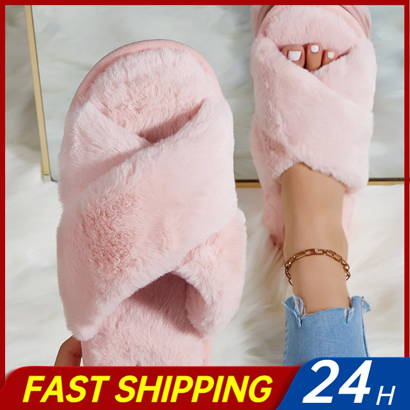 5CM Autumn Winter Pink Slippers Women Fashion Cross Fluffy Fur Slipper Home  Slides Indoor Floor Flip Flops Ladies Shoes 2023 - AliExpress