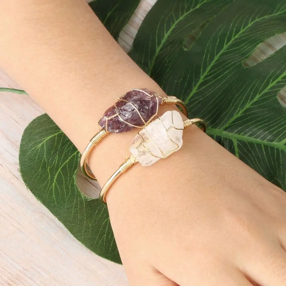 

Wire Wrap Natural Stone Bangles Irregular Crystal Jewelry Gifts Copper Bracelets Crystal Gold-Color Metal Cuff Bracelets Girls