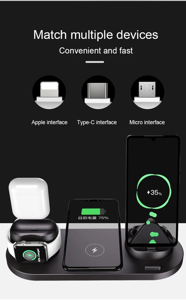 apple watch and phone charger New 6 in 1 Wireless Charger For Apple Watch 6 5 4 3 iPhone 12 11 X XS XR 8 Airpods Pro Samsung Xiaomi 10W Qi Fast Charging Stand samsung wireless charger trio