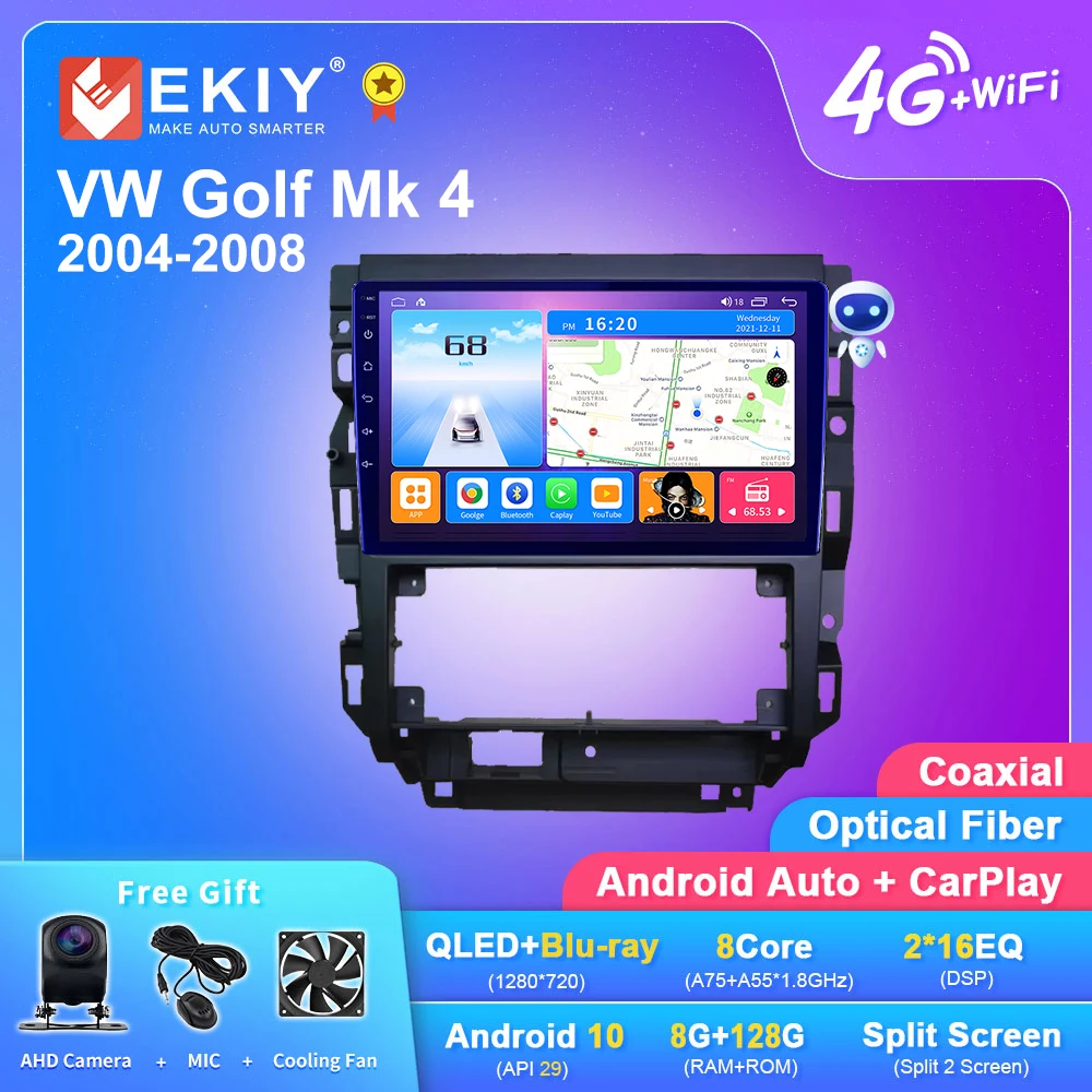 EKIY T7 For Volkswagen Golf Mk 4 2004-2008 Car Radio Multimedia Video Player Navigation GPS Android 10.0 No 2din 8G+128G DVD HU