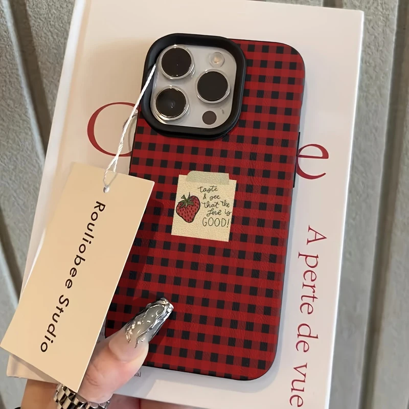 Red Grid Strawberry Pattern Phone Case - Stylish Bumper Cover