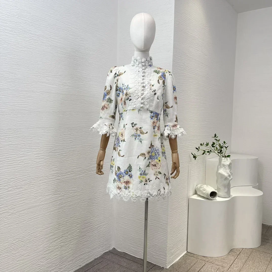 

New Collection High Quality Linen White Floral Print Half Sleeve Vintage Embroidery Patchwork Buttons A-line Women Mini Dress