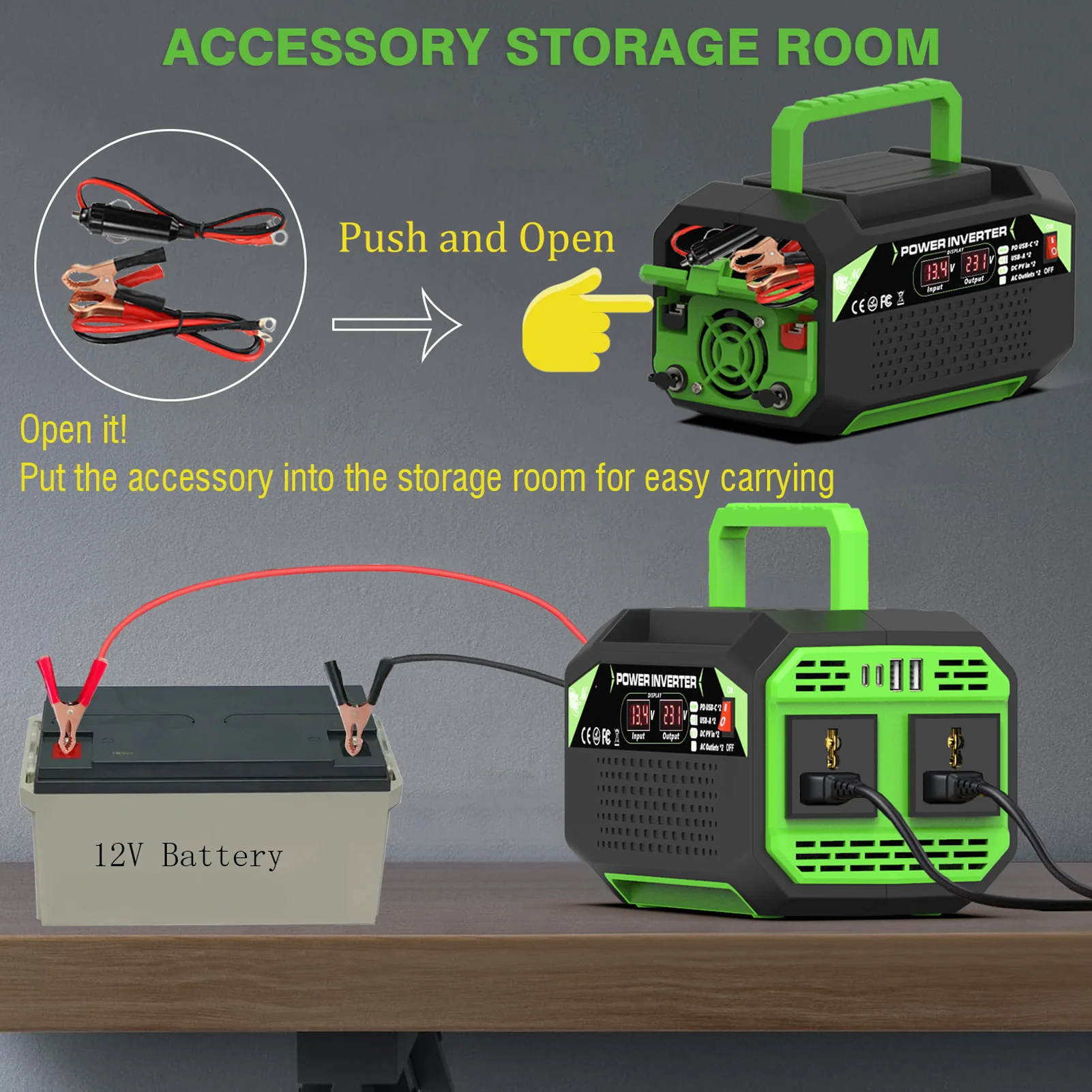 변형된 사인파 인버터 듀얼 USB 포트 고속 충전 듀얼 소켓 스마트 LCD 디스플레이 여행용 300W 차량용 인버터
