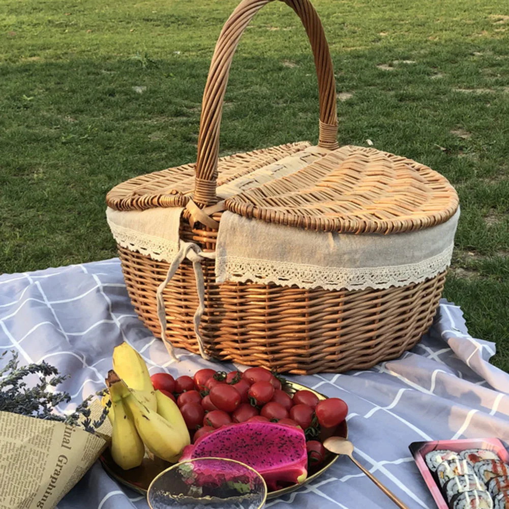 Handmade Large Wicker Basket Handle Picnic Bag Willow Woven Storage Hamper Double-Lid Camping Outdoor Fruit Holder Organizer