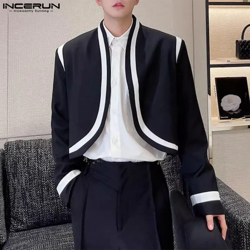 

INCERUN Tops 2023 Korean Style Handsome Mens Ribbon Splice 2Color Contrast Suit Coats Leisure Arc Swing Long Sleeve Blazer S-5XL