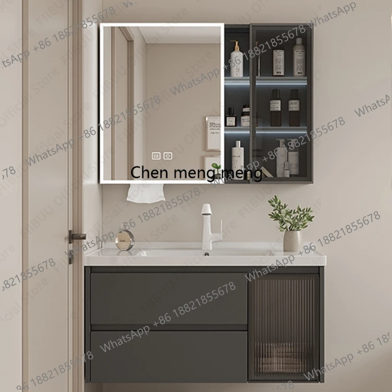 ชุดอ่างล้างหน้าติดผนังดีไซน์หรูหราทันสมัย พร้อมอ่างล้างหน้าในตัว กระจกอัจฉริยะป้องกันฝ้า และตู้เก็บของในห้องน้ำ 1