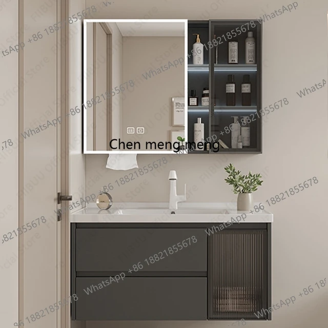 ชุดอ่างล้างหน้าติดผนังดีไซน์หรูหราทันสมัย พร้อมอ่างล้างหน้าในตัว กระจกอัจฉริยะป้องกันฝ้า และตู้เก็บของในห้องน้ำ 1