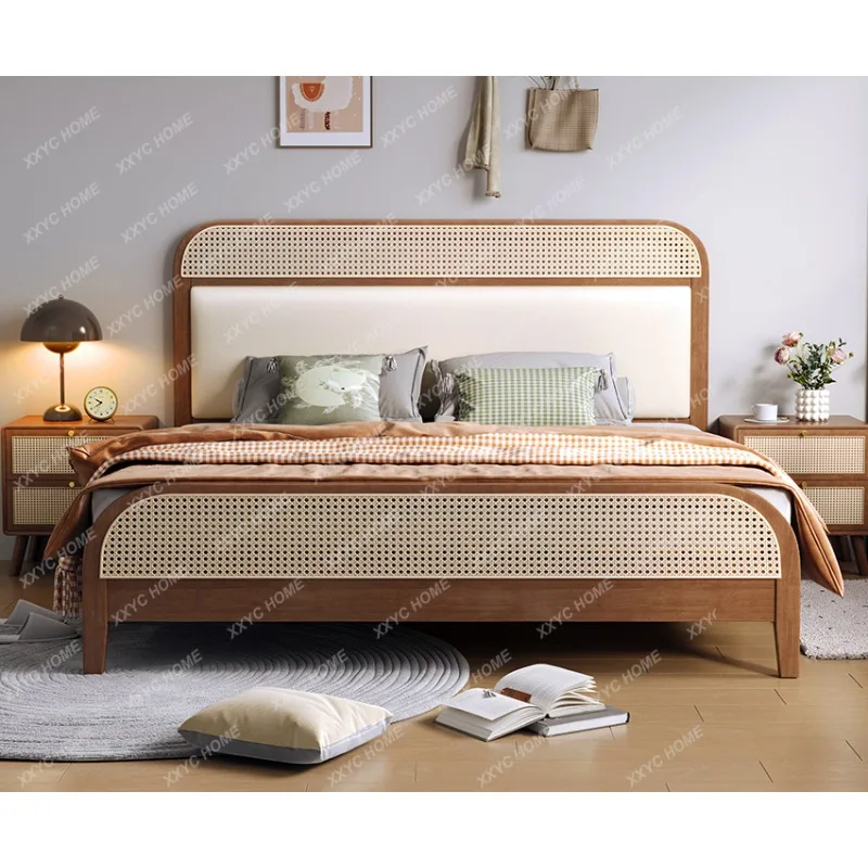 

New Chinese Style Solid Wood Double Bed 1.5 M Master Bedroom Modern Simple Walnut Color Soft Bag Marriage Bed Retro Rattan Bed