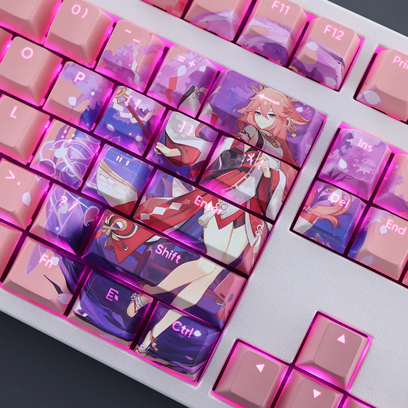 Teclas Conjunto Genshin Impacto Yae Miko Keycap Pbt Tintura Sub Backlit Keycaps Anime Gaming Key Caps para Ansi 61 87 104 108 Teclados 108 - Imagem 3