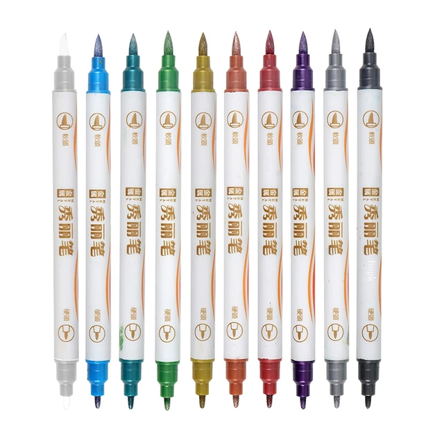 10 Colors/Set Fine Point Brush Metallic Marker Pens Double Tip